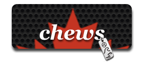Chews logo with a Canadian maple leaf background, representing endurance nutrition and sports supplements in Canada.