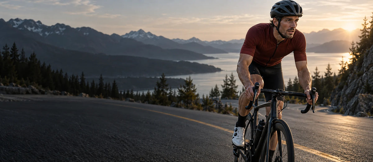 Road cyclist training on a mountain road at sunrise